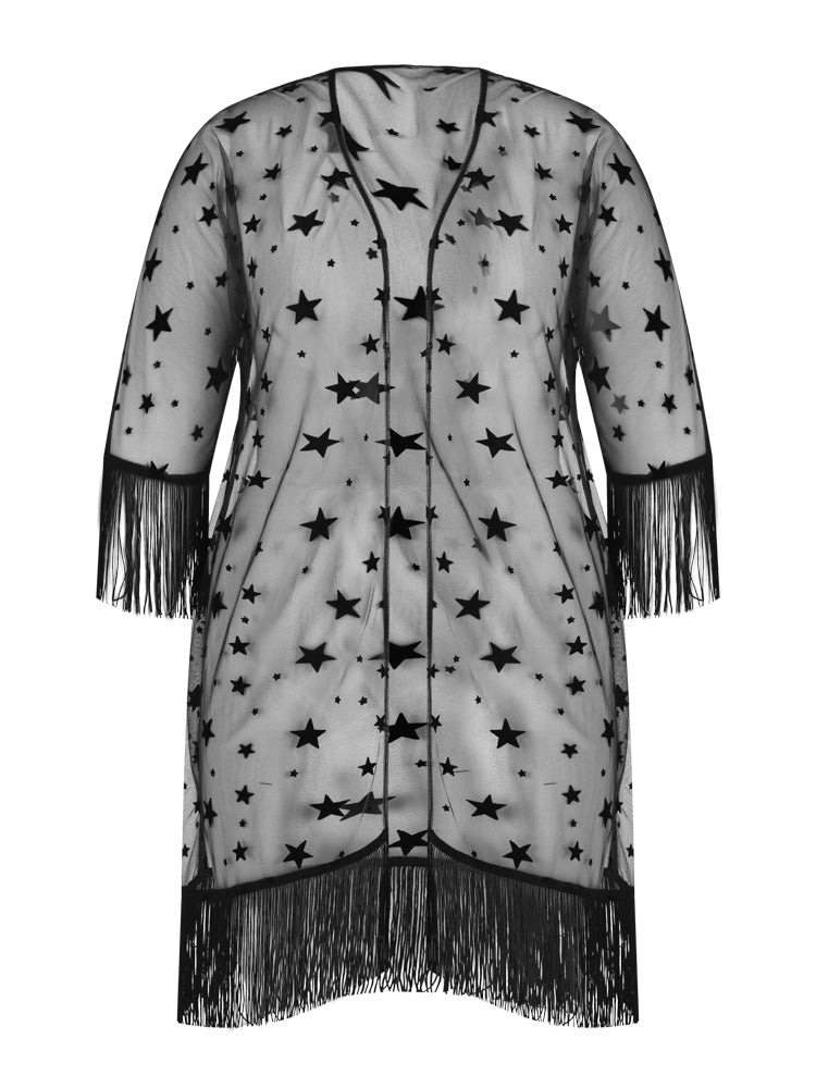 Star Pattern Fringe Trim Mesh Sheer Kimono