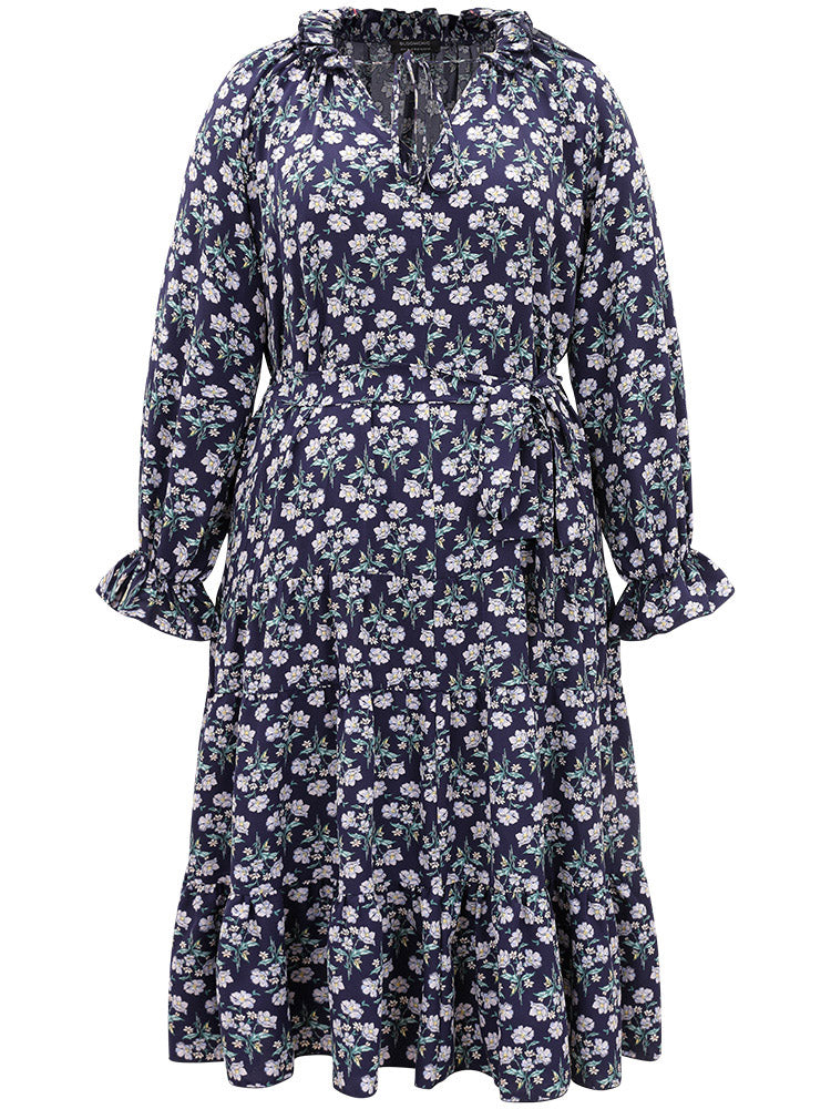 Ditsy Floral Pocket Tie Neck Frill Trim Dress