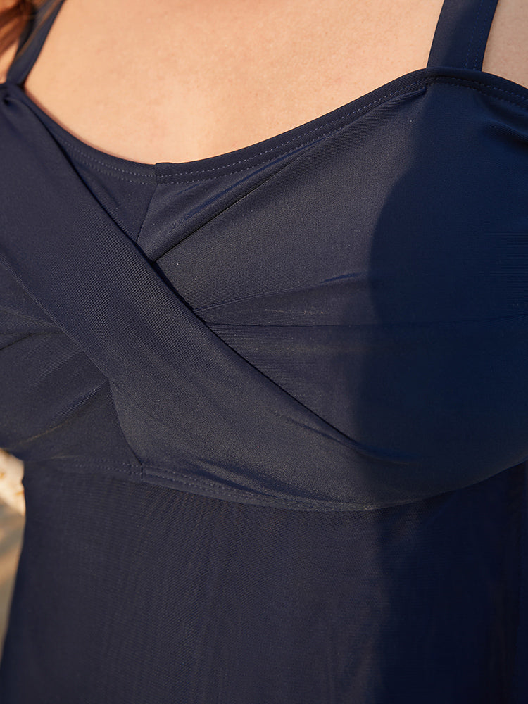 Twist Front Adjustable Straps Mesh Swim Dress