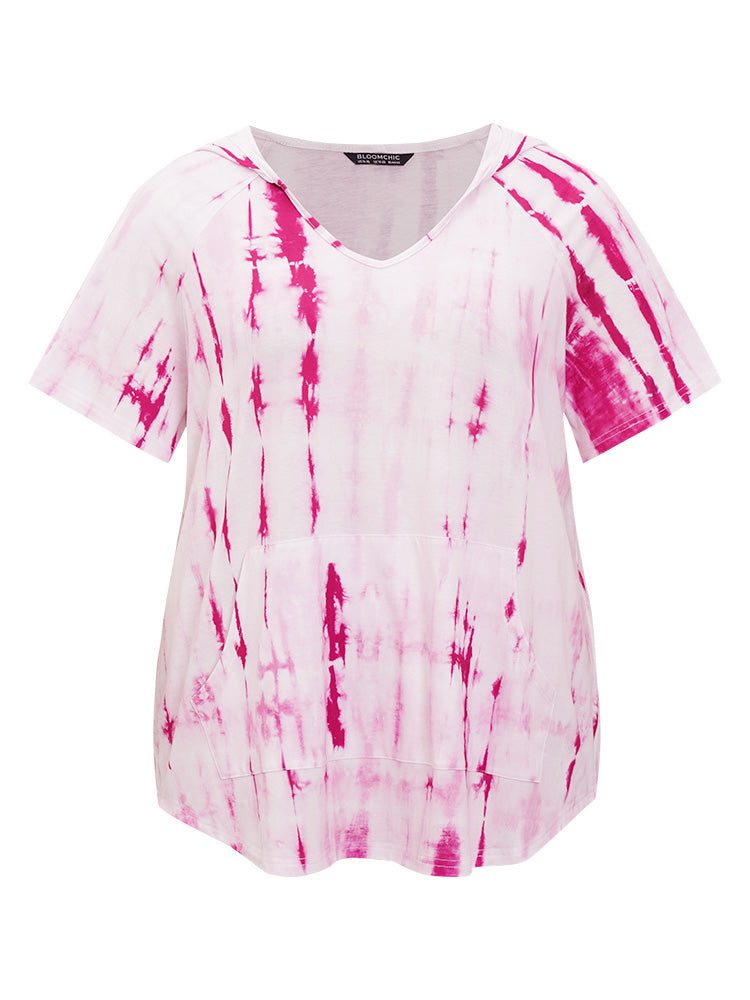 Tie Dye Curved Hem Pocket Hooded T-shirt