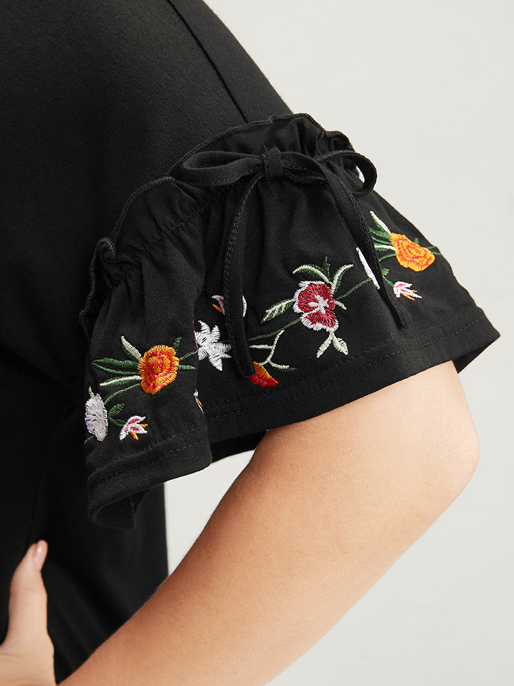 Floral Embroidered Ruffle Trim Round Neck T-shirt