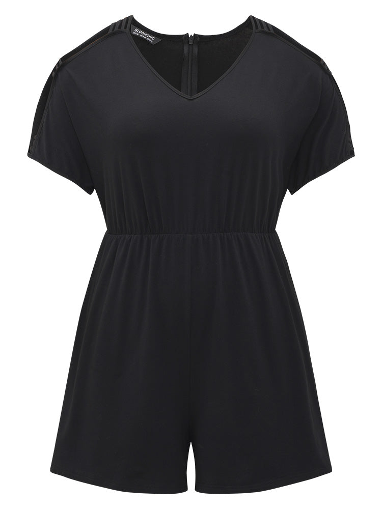 Plain Pocket Elastic Waist Cut Out V Neck Romper