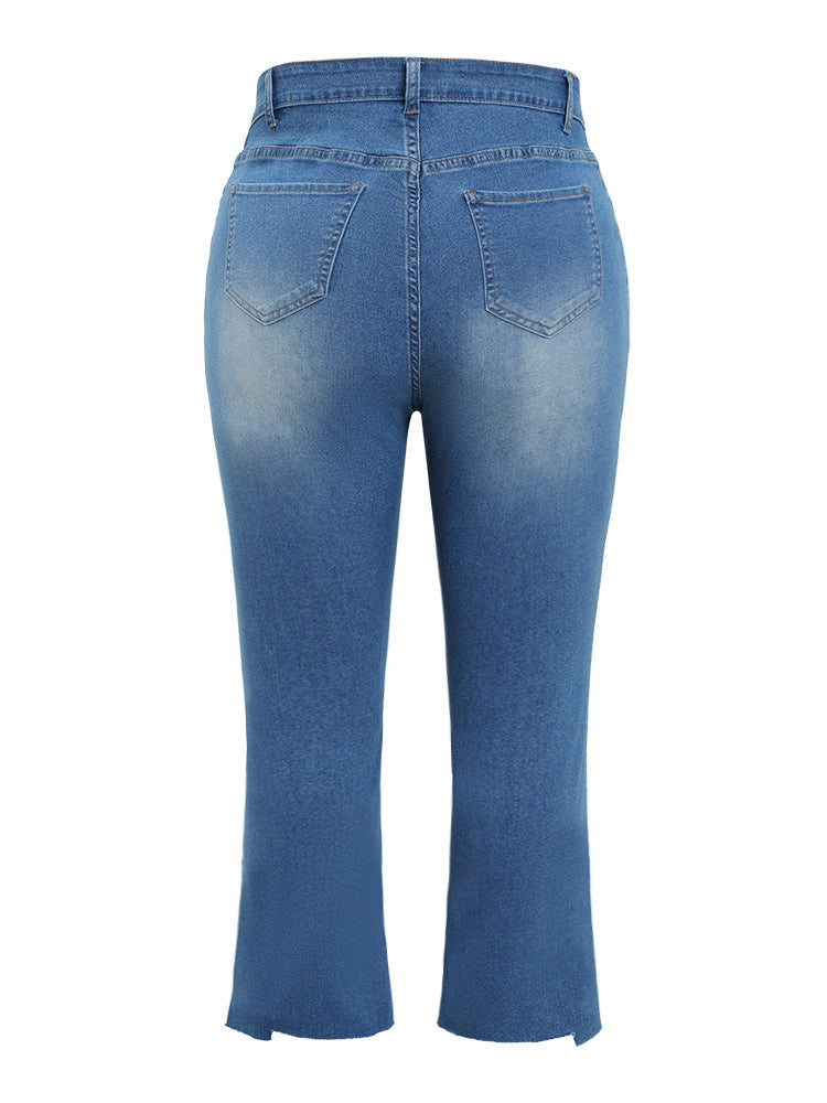 Bootcut Very Stretchy High Rise Medium Wash Distressed Hem Jeans