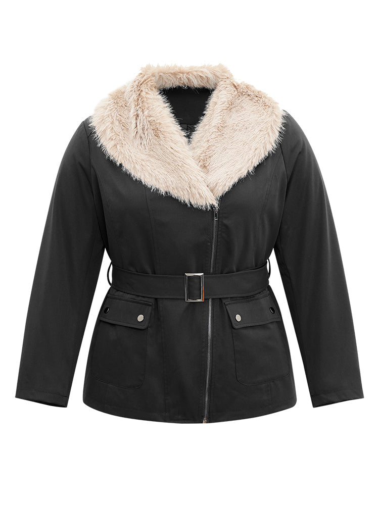 Fuzzy Trim Patchwork Zipper Belted Lapel Collar Coat