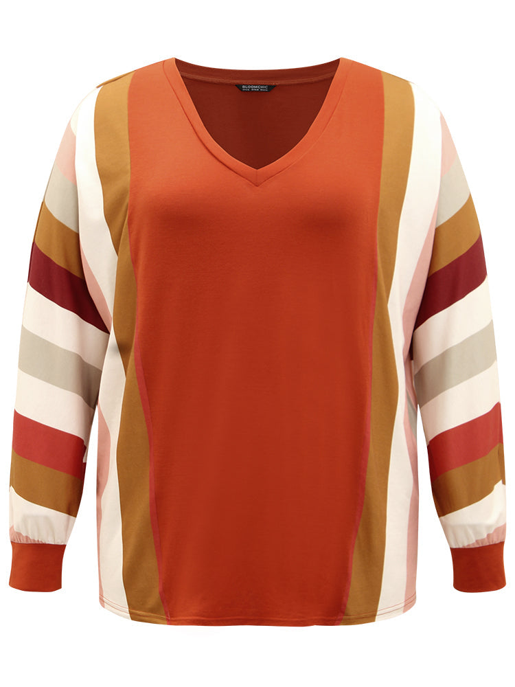 Colour Striped V Neck Batwing Sleeve T-shirt