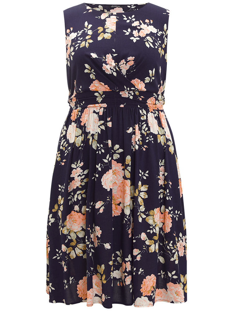 Floral Print Crossover Ruffle Hem Gathered Tank Dress