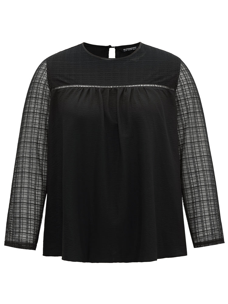 Solid Keyhole Mesh Plicated Detail Blouse