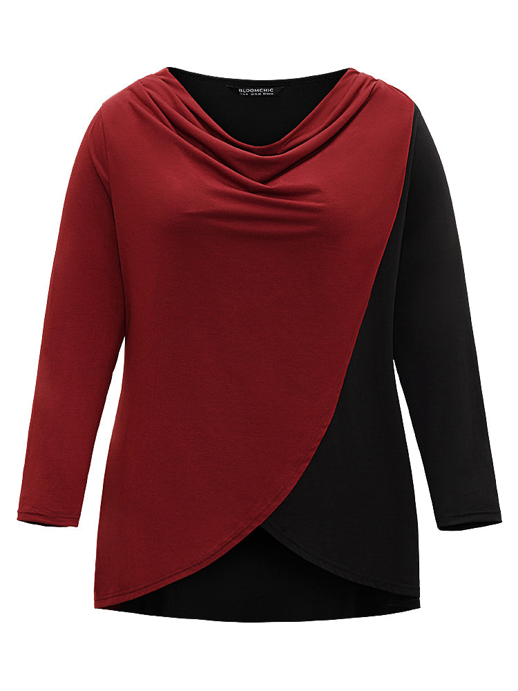 Two Tone Patchwork Cowl Neck T-shirt