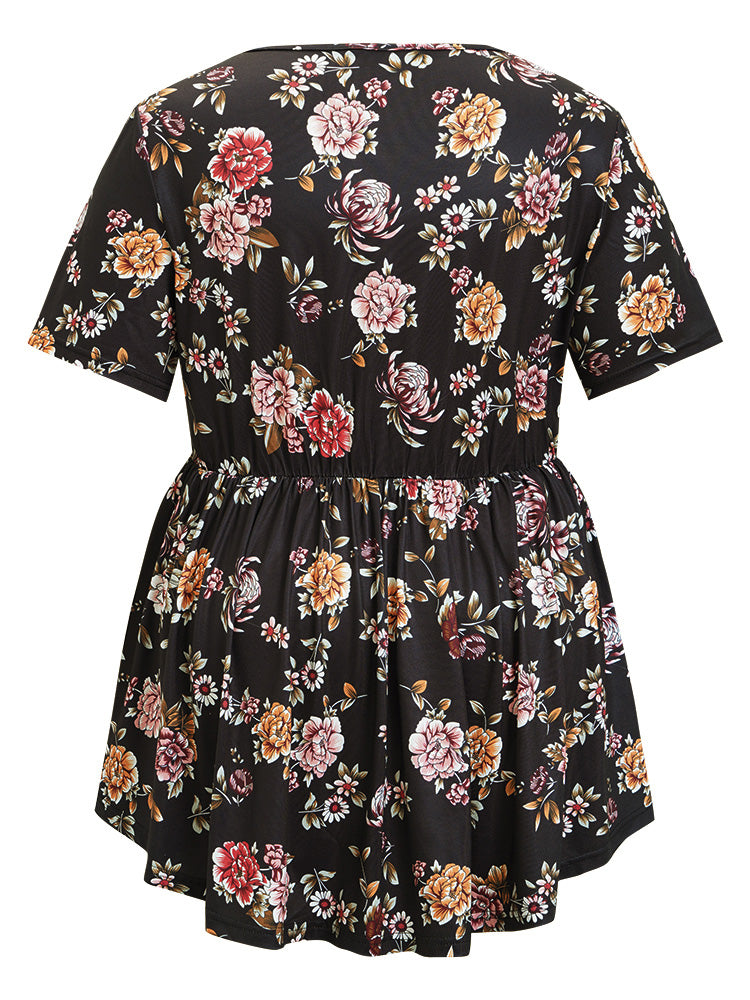 Floral Print Ruched Babydoll Cut Out Ruffle Hem T-shirt