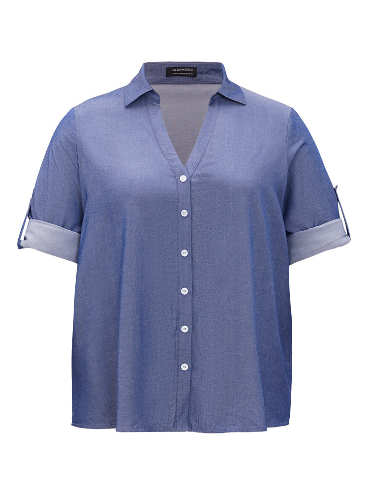 Plain Button Up Shirt Collar Tab Sleeve Blouse