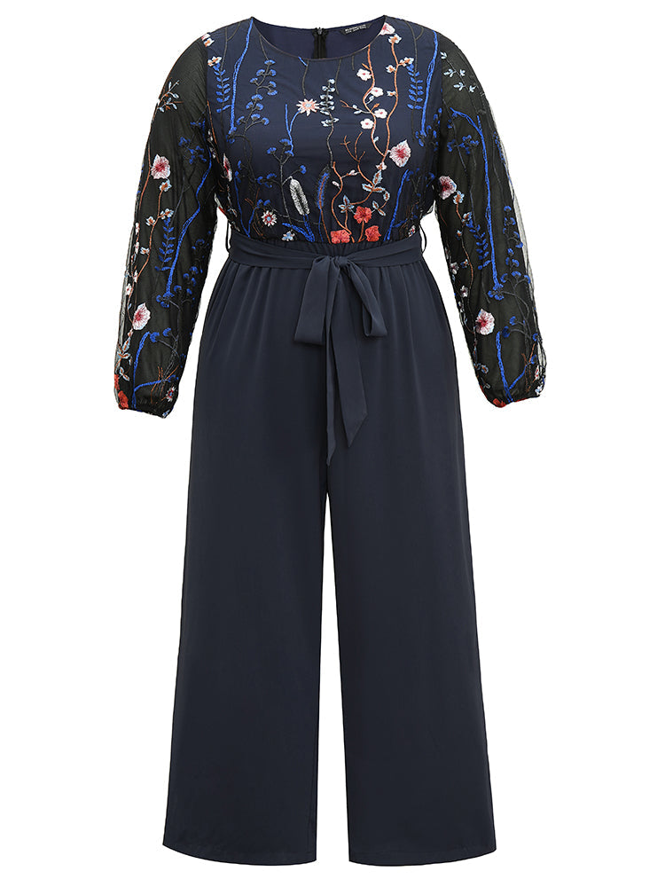 Halloween Floral Embroidered Belted Lantern Sleeve Jumpsuit