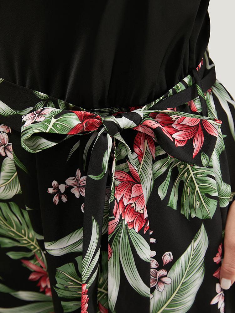 Tropical Patchwork Cowl Neck Pocket Belted Cami Jumpsuit