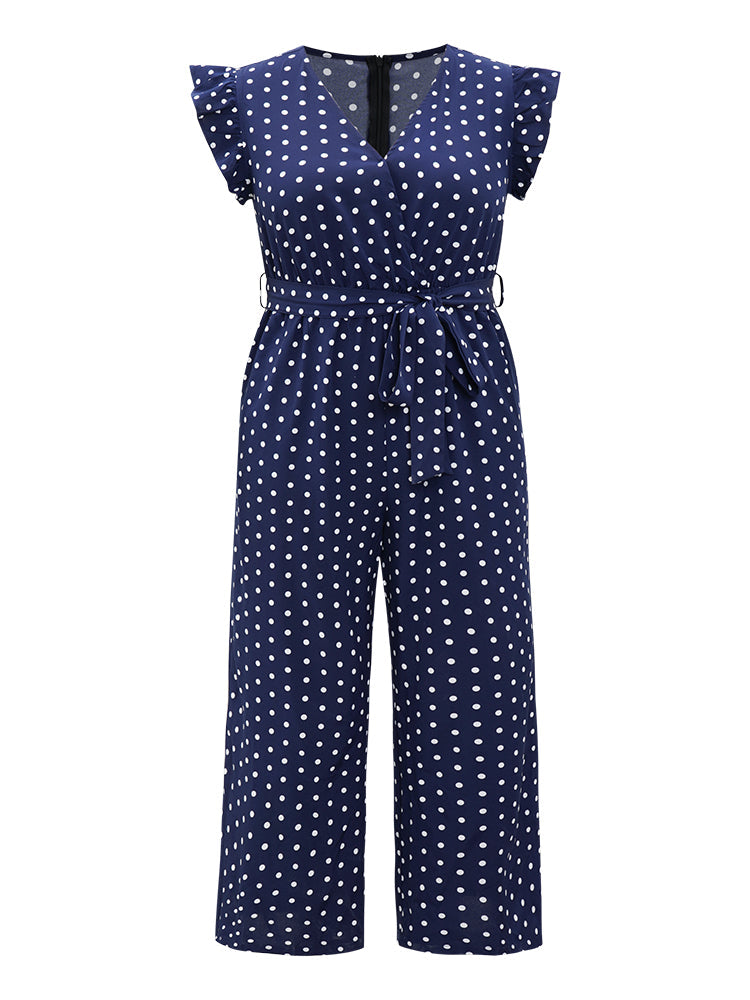 Polka Dot Belted Ruffle Cap Sleeve Pocket Wrap Jumpsuit