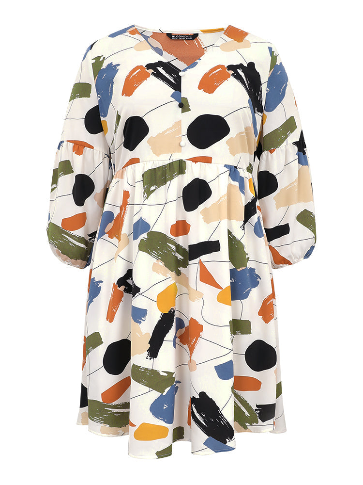 Colored Brush Print Pocket Button Detail Dress