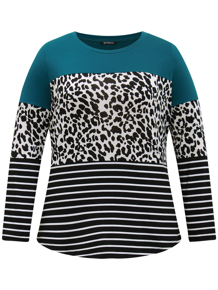 Striped Leopard Patchwork Contrast Round Neck T-shirt