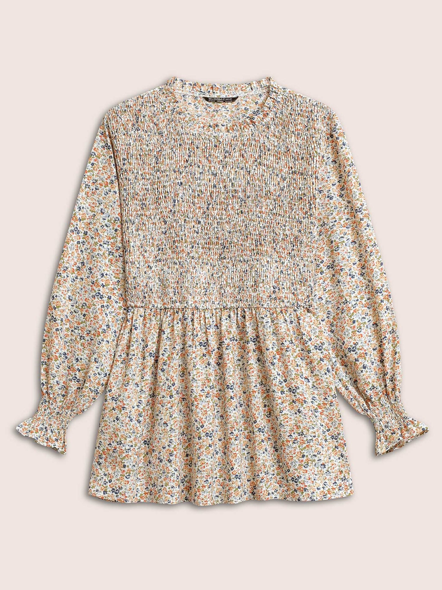 Ditsy Floral Shirred Elastic Waist Puff Sleeve Blouse
