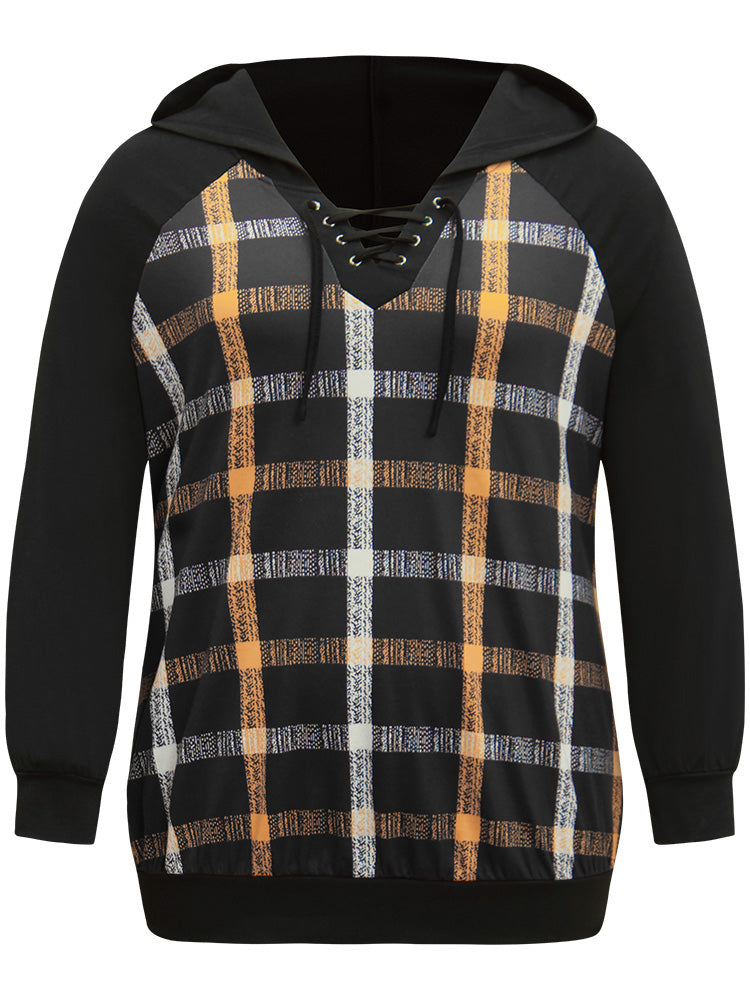 Plaid Contrast Raglan Sleeve Lace Up Hooded Sweatshirt