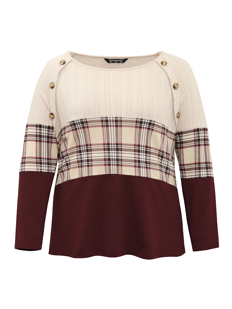 Colorblock Contrast Button Detail Plaid Sweatshirt