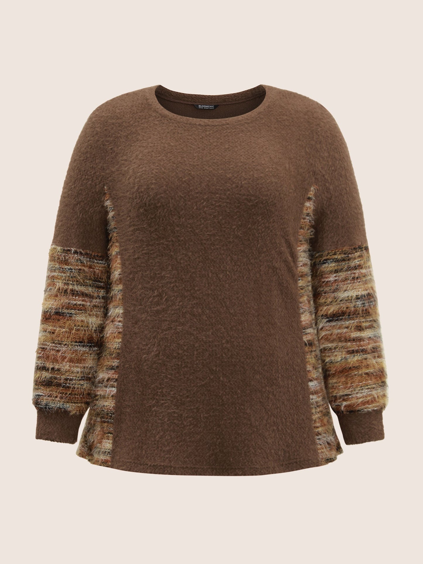 Round Neck Patchwork Heather Fluffy Sweatshirt