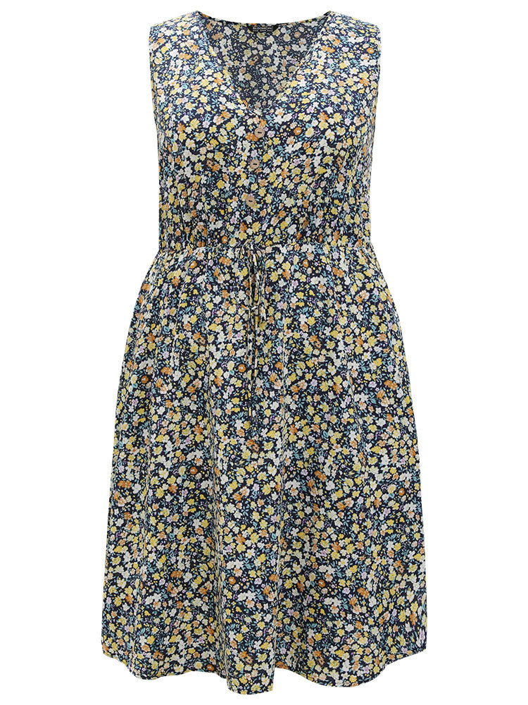 Ditsy Floral V Neck Pocket Gathered Sleeveless Dress
