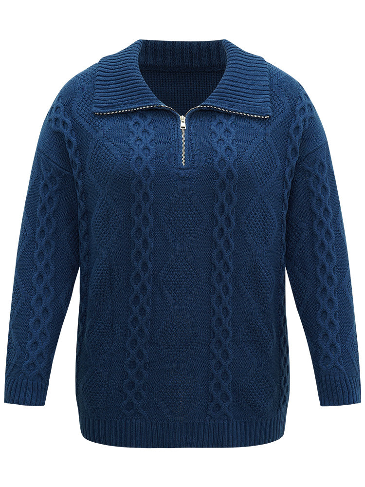Zipper Lapel Collar Cable Knit Pullover