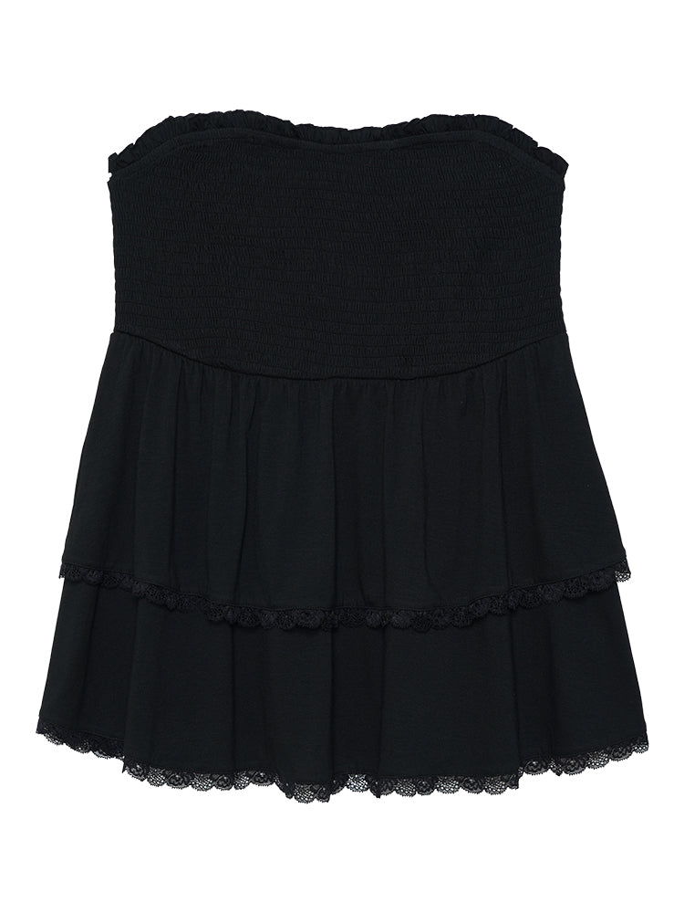 Solid Frill Trim Shirred Lace Ruffle Layered Tank Top
