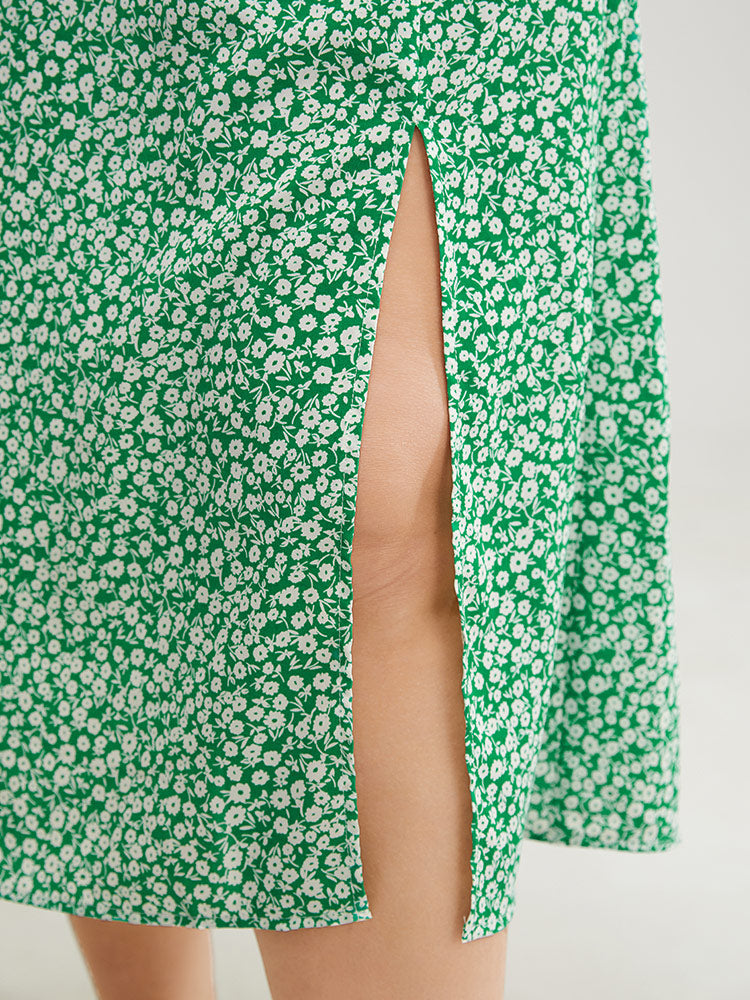 Ditsy Floral Split Puff Sleeve Pocket Shirred Waist Dress