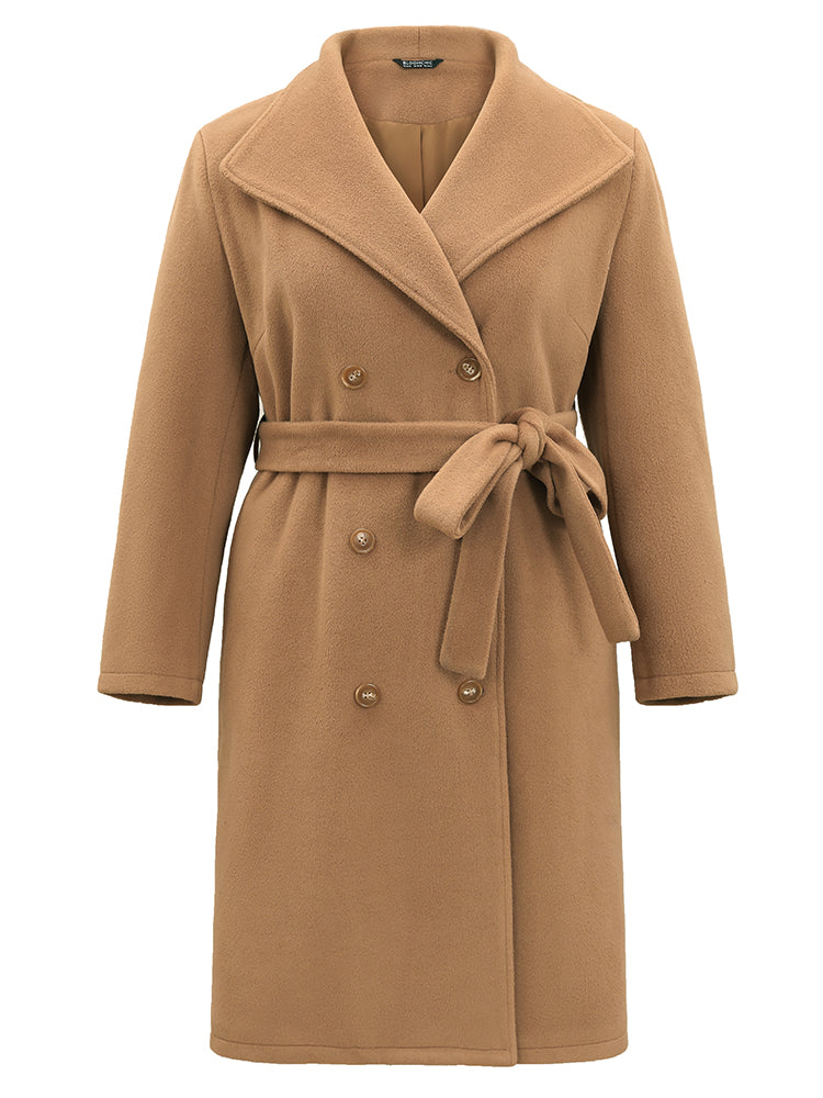 Double Breasted Plain Belted Pocket Lapel Collar Coat