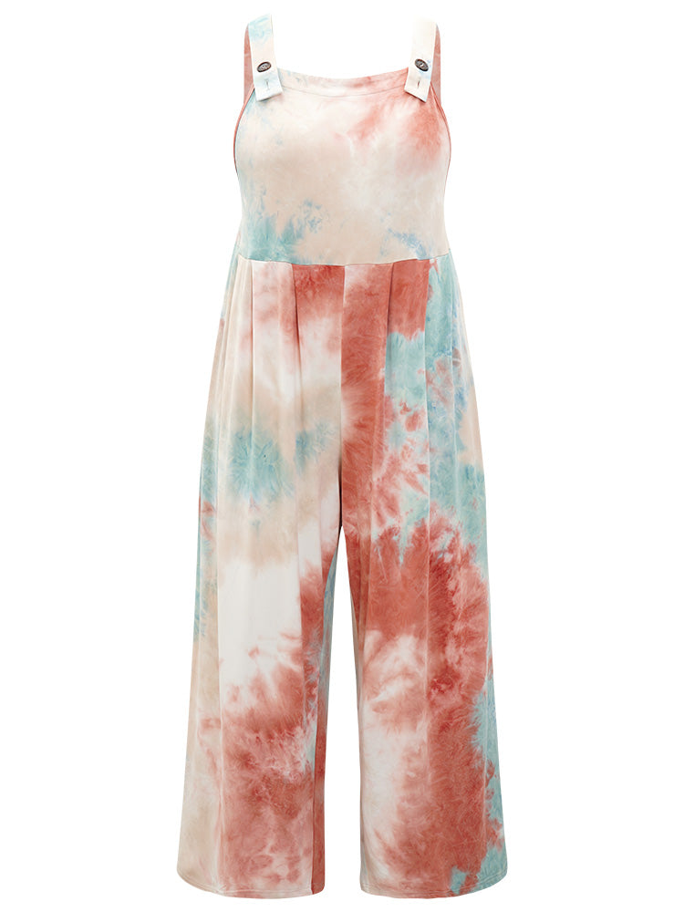 Tie Dye Pocket Button Adjustable Straps Jumpsuit