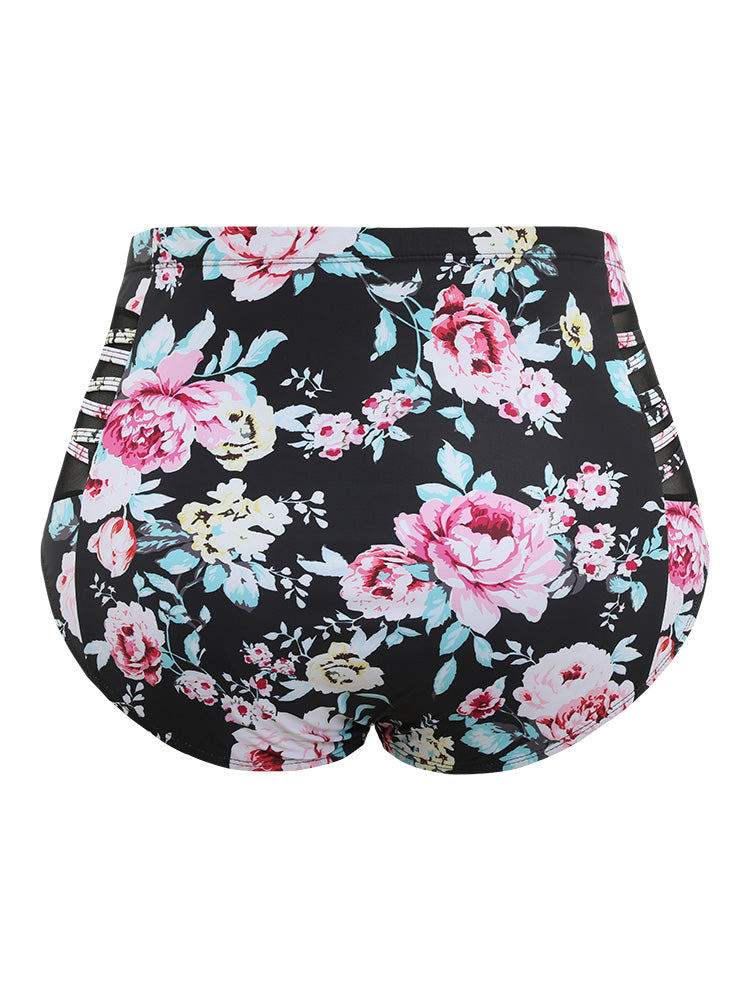 Floral Crisscross Detail Mesh Insert Swim Bottom