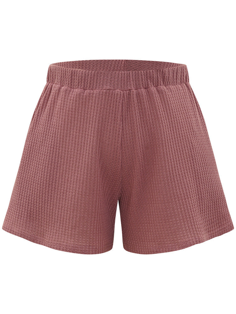 Plain Waffle Knit Sleep Elastic Waist Shorts