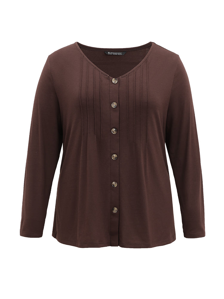 V Neck Solid Pleated Button Detail T-shirt