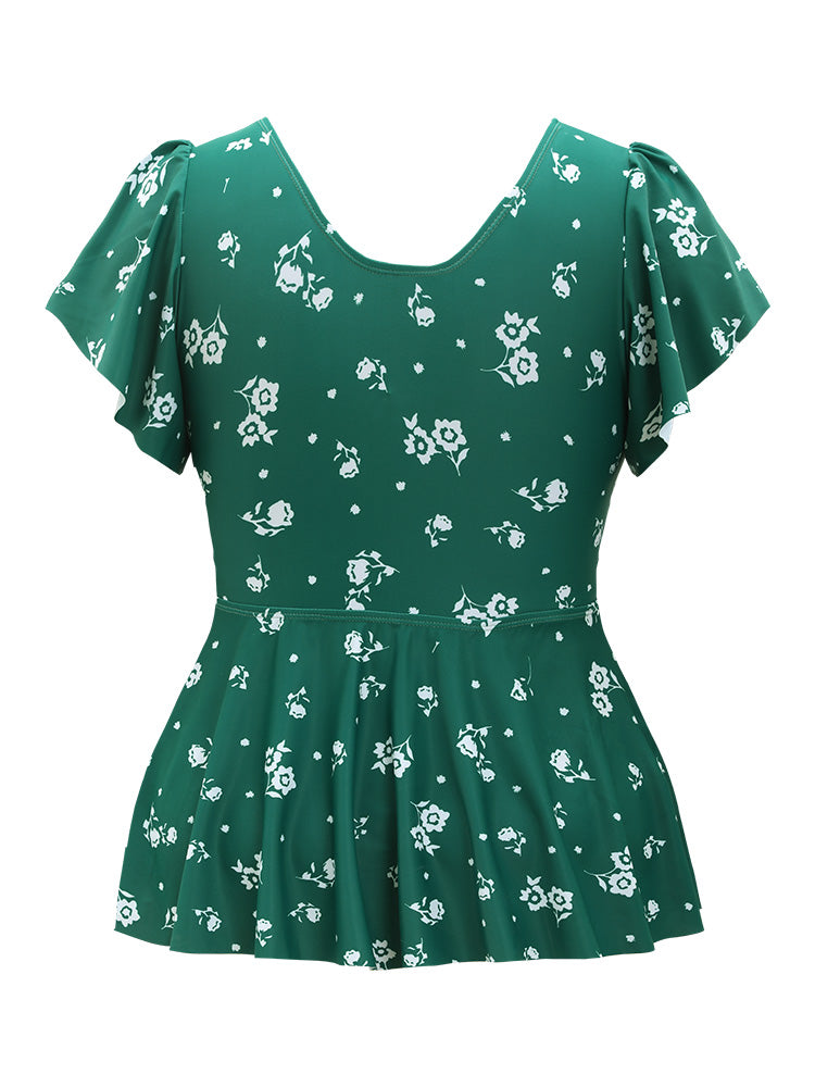 Floral Print V Neck Ruffle Sleeve Tankini Top