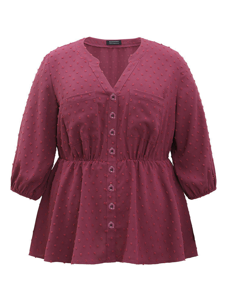 Plain Notched Button Through Lantern Sleeve Blouse