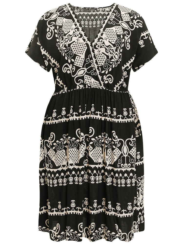 Bandana Print Pocket Ruffles Hem Surplice Neck Dress