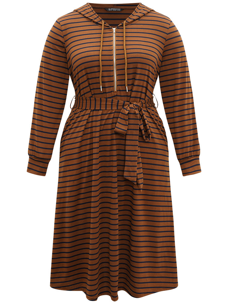 Striped Belted Zipper Drawstring Dress