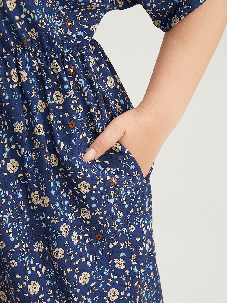 Floral Print V Neck Dolman Sleeve Pocket Split Dress