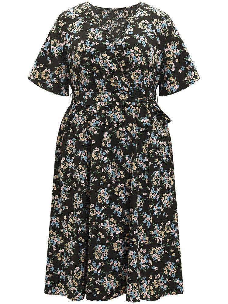 Ditsy Floral Wrap Belted Ruffle Sleeve Dress