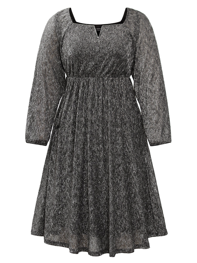 Plisse Notched Lantern Sleeve Midi Dress