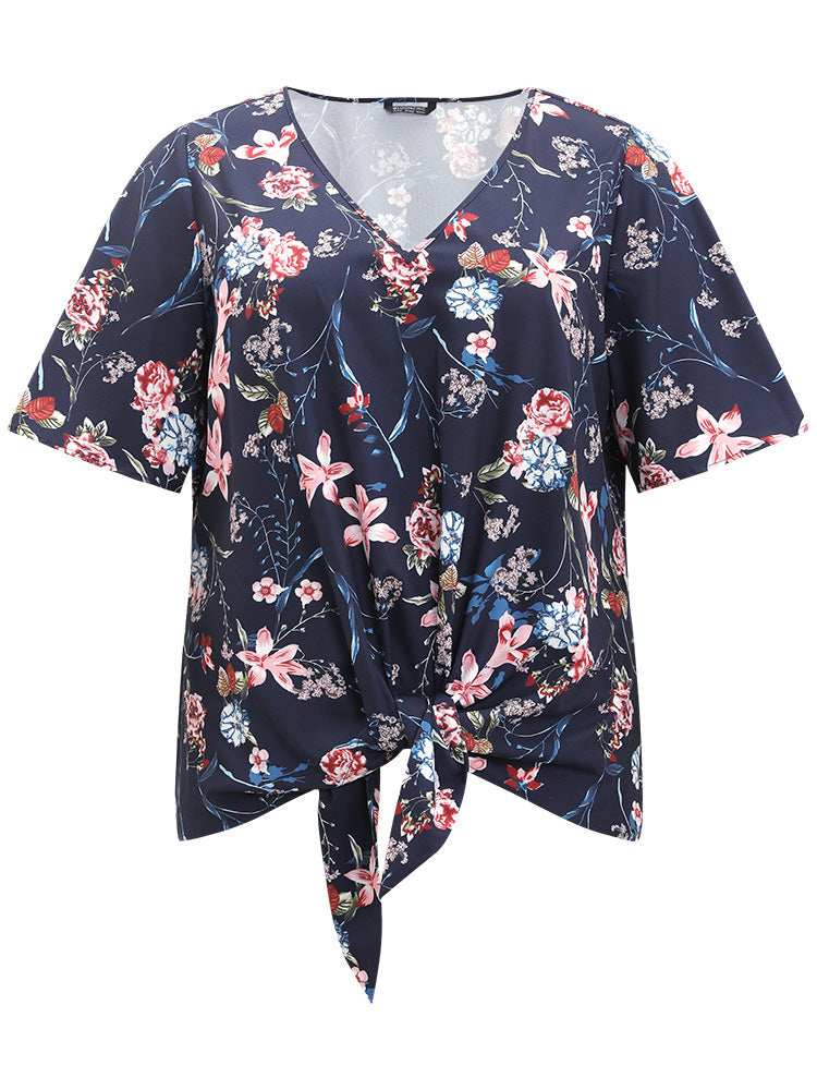 Floral Print V Neck Ruffle Sleeve Twist Hem Blouse