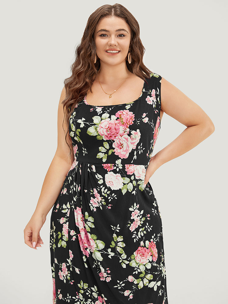 Floral Print Pleated Detail Wrap Hem Tank Dress