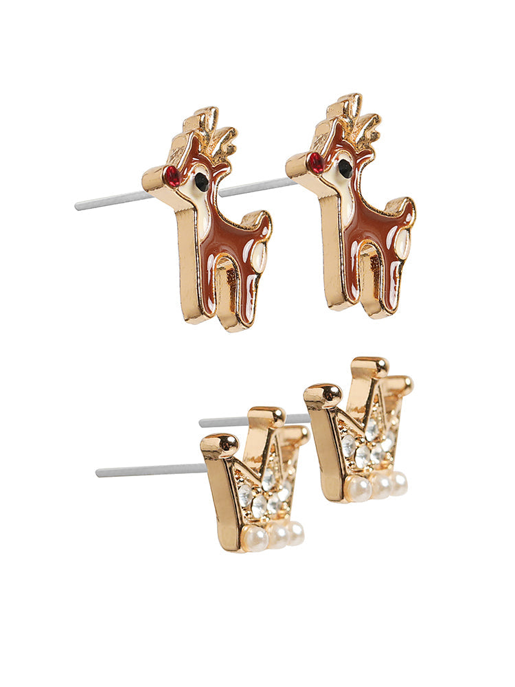 2 Pack Crown & Elk Decor Stud Earrings