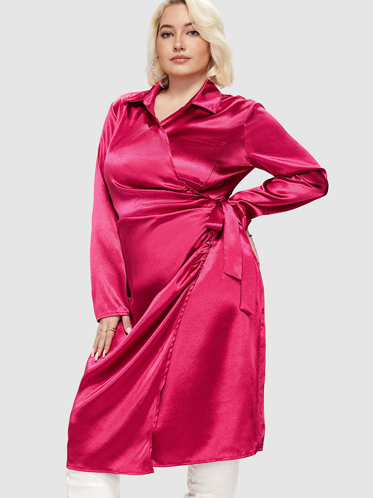 Satin Wrap Knot Pocket Dress