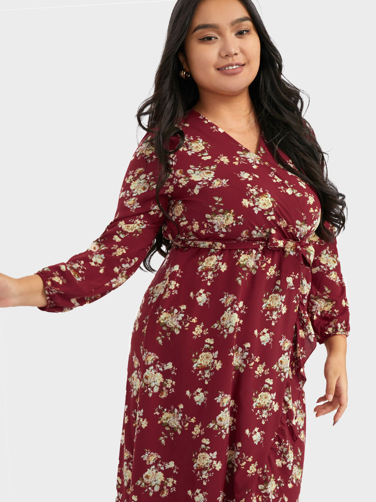 Floral Gathered V-neck Dress