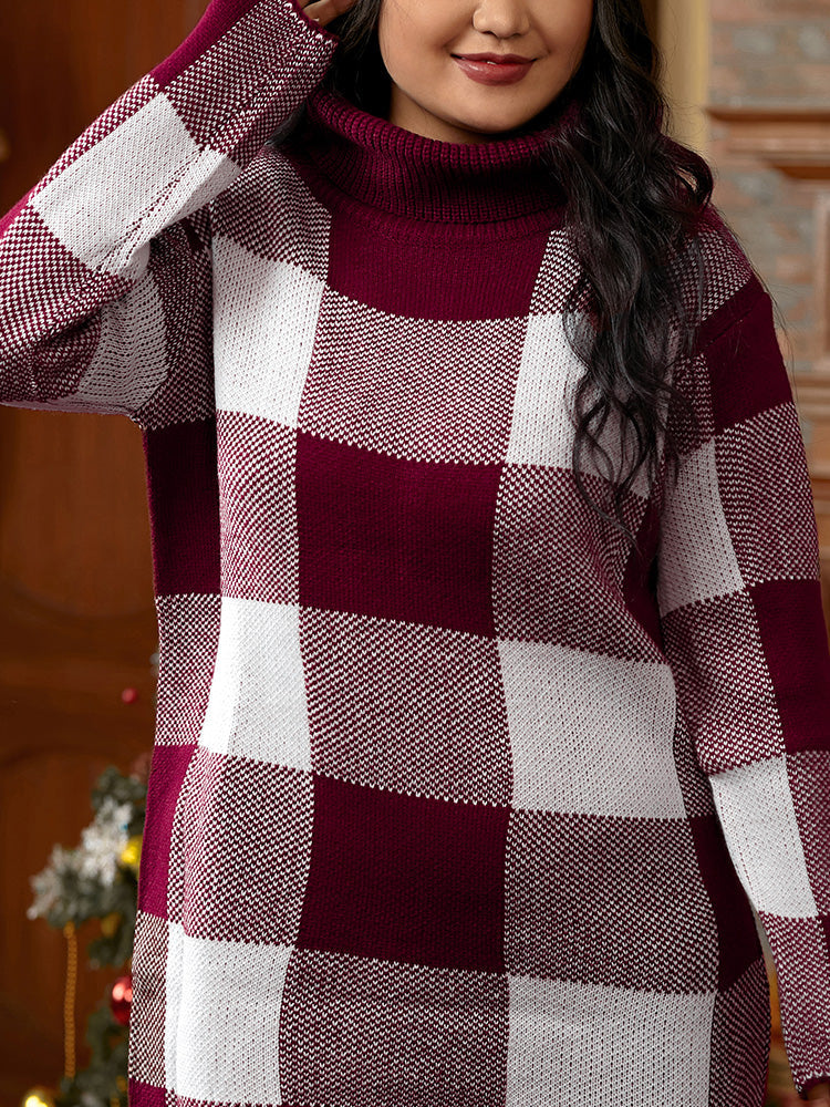 Plaid Funnel Neck Sweater Dress