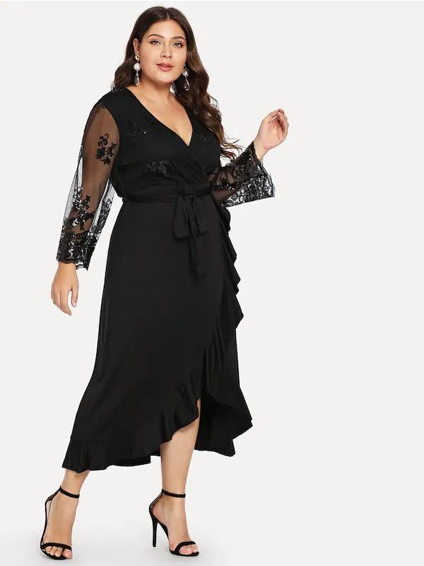 Ruffle Hem Sheer Sleeve Elegant Maxi Dress
