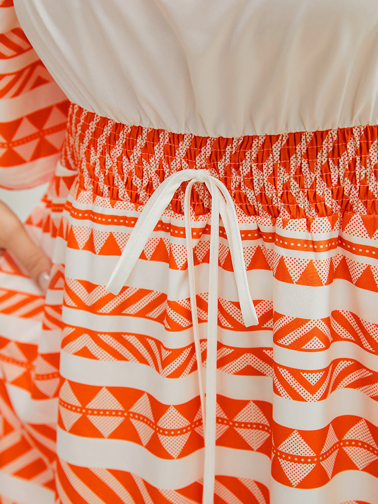 Geometric Print Pocket Flutter Hem Knot Shirred Dress