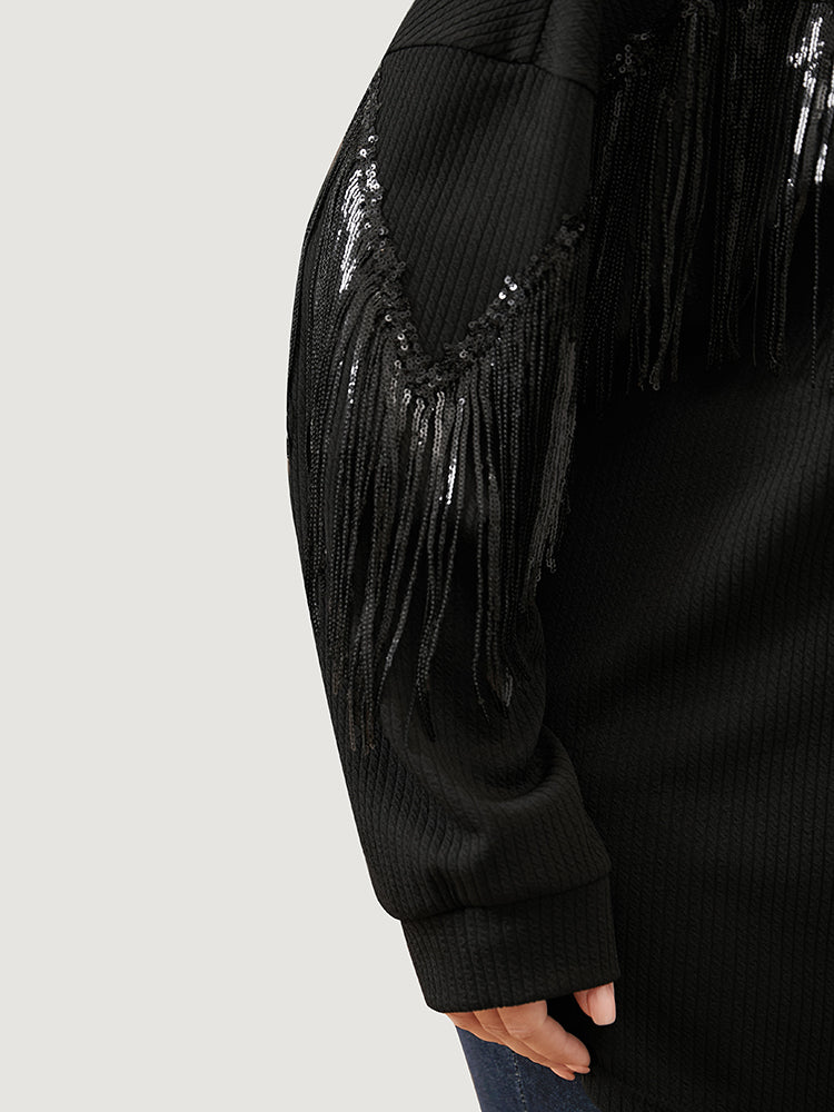 Solid Fringe Trim Sequin Drop Shoulder Sweatshirt