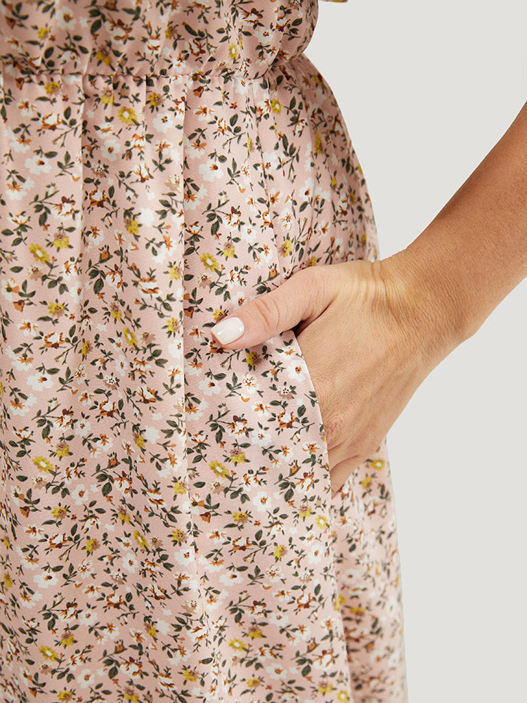 Ditsy Floral Gathered Ruffle Tiered Sleeve Wrap Pocket Dress