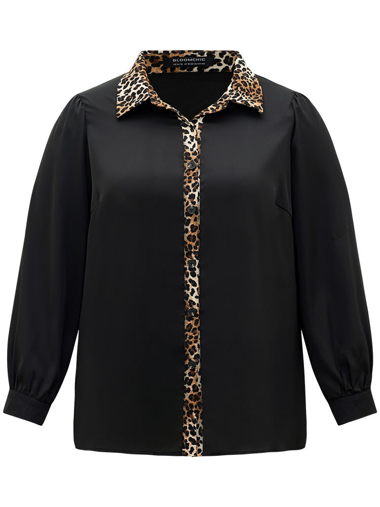 Leopard Print Patchwork Shirt Collar Woven Top